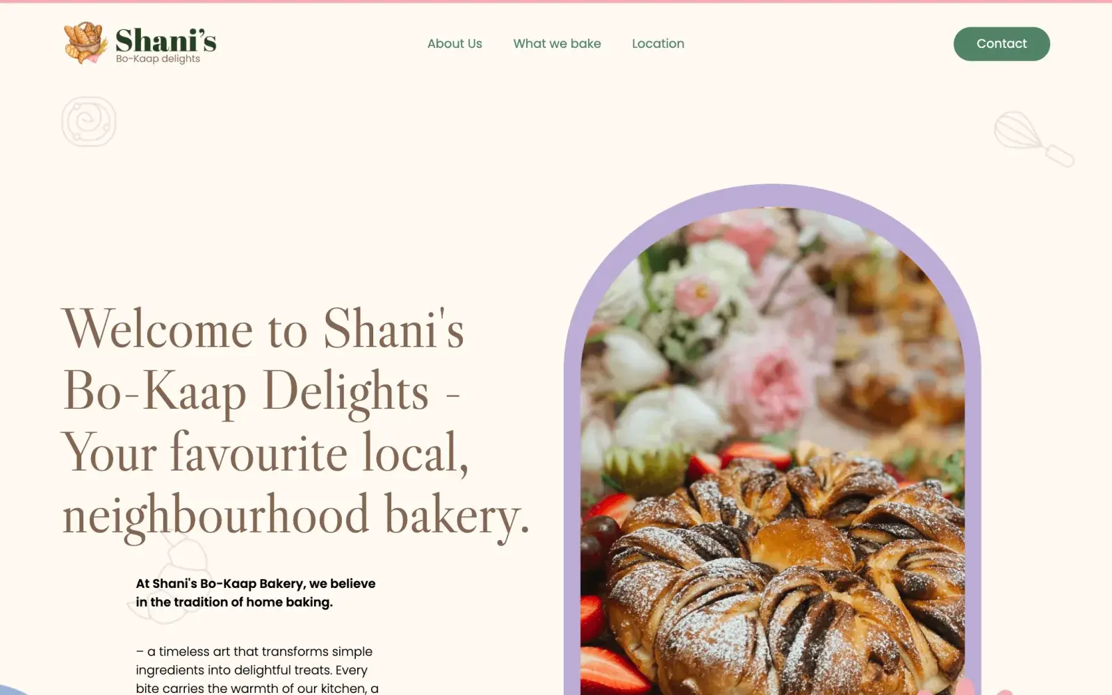Shani's Bo-Kaap Delights home page: a serif welcome headline beside an arched photo of plaited pastries.